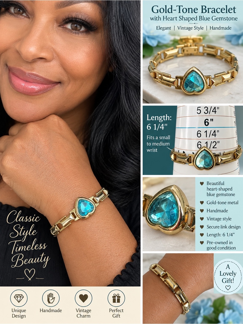Gold-Tone Bracelet with Heart-Shaped Blue Gemstone